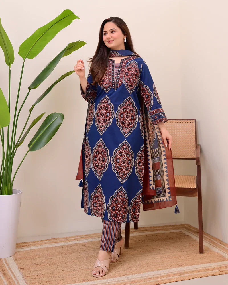 Blue Ajrakh Printed Cotton Suit