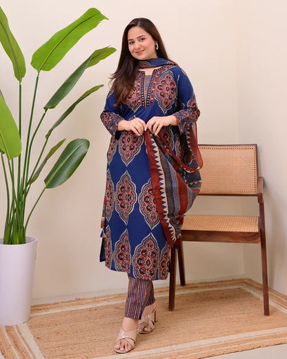 Blue Ajrakh Printed Cotton Suit