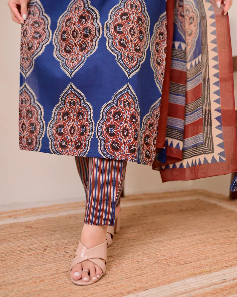 Blue Ajrakh Printed Cotton Suit