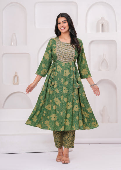 Green Cotton Kurta Pant and Dupatta Set