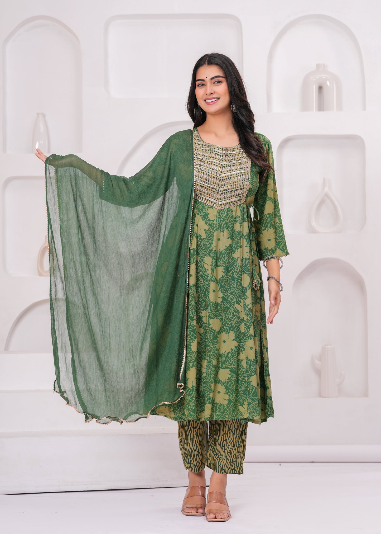 Green Cotton Kurta Pant and Dupatta Set