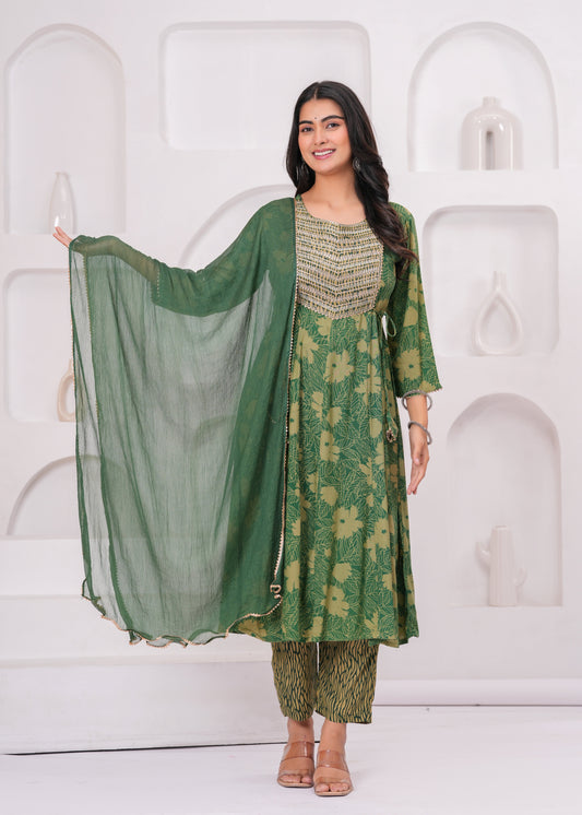 Green Cotton Kurta Pant and Dupatta Set