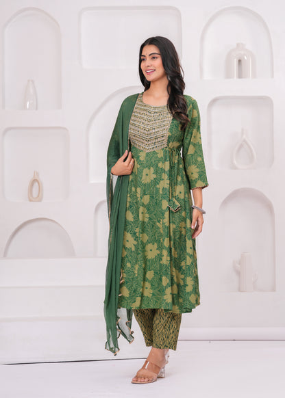 Green Cotton Kurta Pant and Dupatta Set