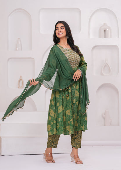 Green Cotton Kurta Pant and Dupatta Set