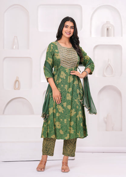 Green Cotton Kurta Pant and Dupatta Set