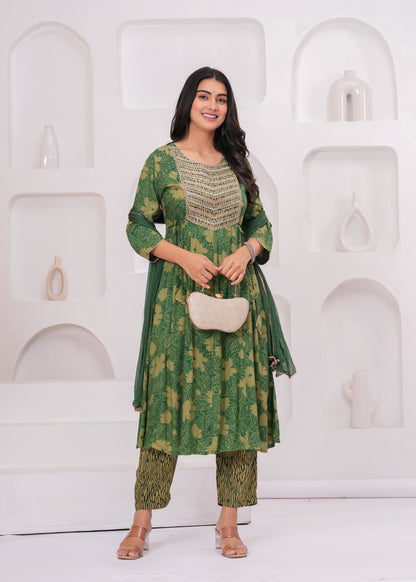 Green Cotton Kurta Pant and Dupatta Set