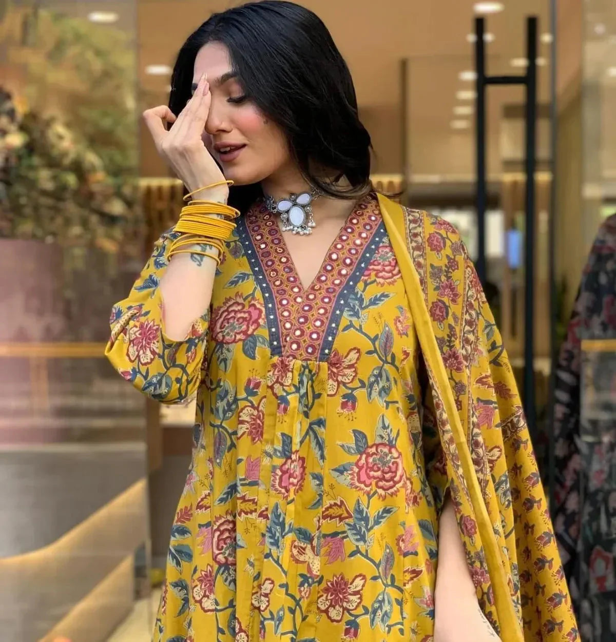 Mustard Yellow Cotton Flower Neckline Worked Kurta Pant With Dupatta