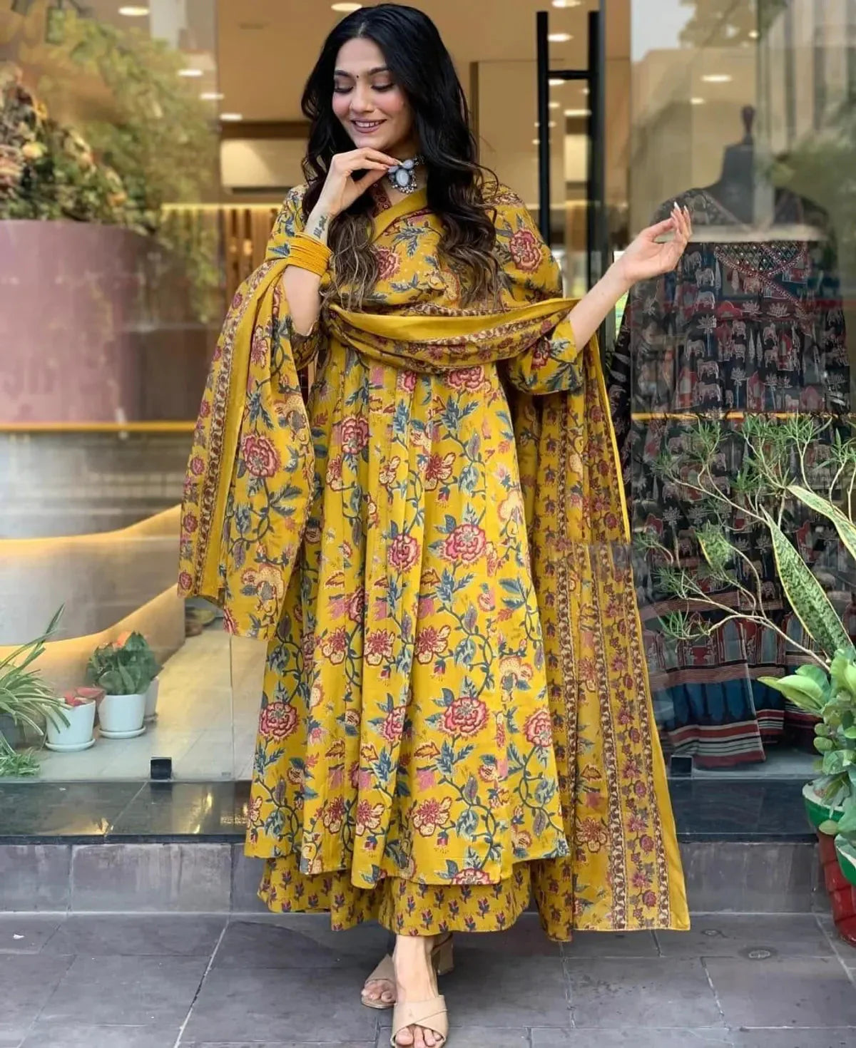 Mustard Yellow Cotton Flower Neckline Worked Kurta Pant With Dupatta