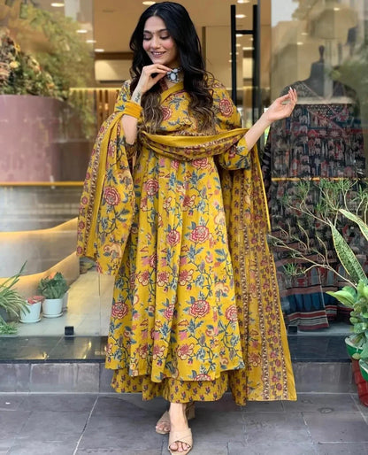 Mustard Yellow Cotton Flower Neckline Worked Kurta Pant With Dupatta