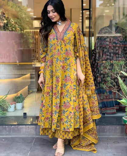 Mustard Yellow Cotton Flower Neckline Worked Kurta Pant With Dupatta
