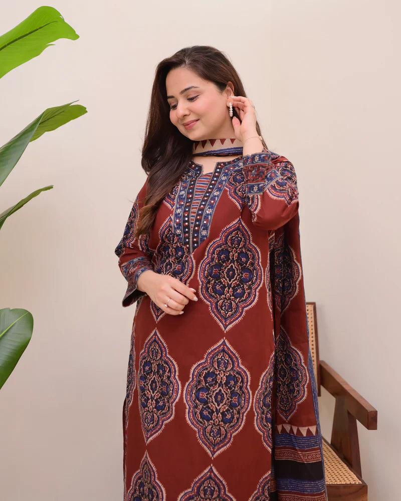 Maroon Ajrak Printed Cotton Suit