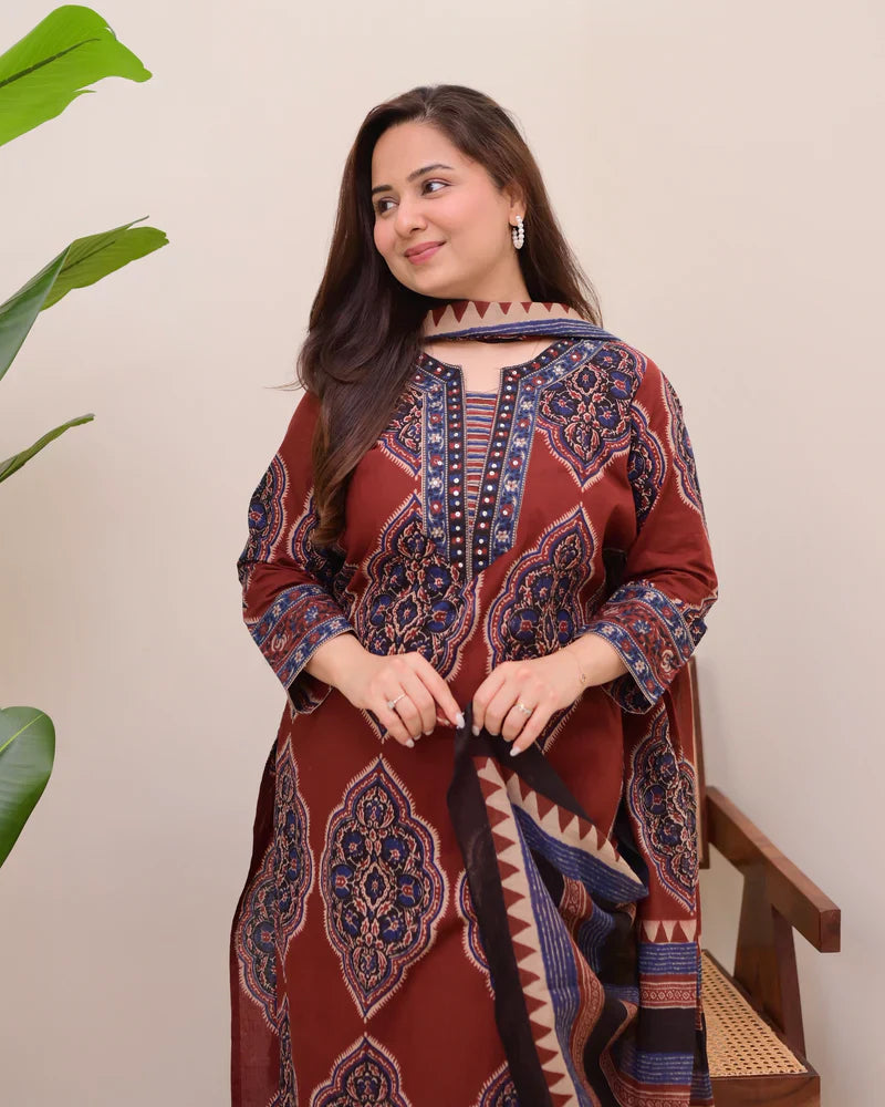 Maroon Ajrak Printed Cotton Suit