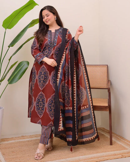 Maroon Ajrak Printed Cotton Suit