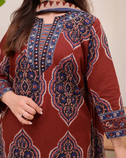 Maroon Ajrak Printed Cotton Suit