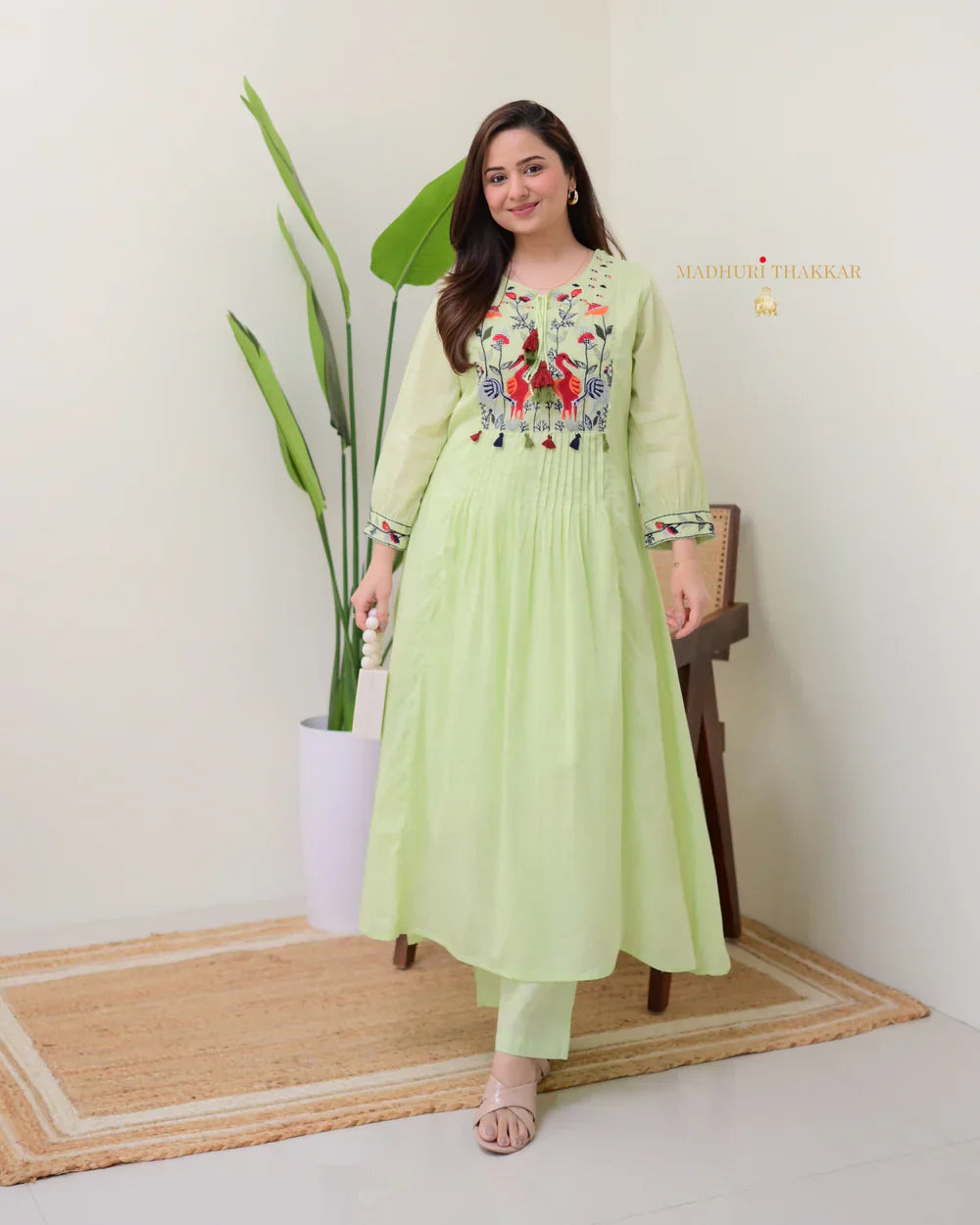 Mint Green Threadwork Mul Cotton A Line Kurta Set