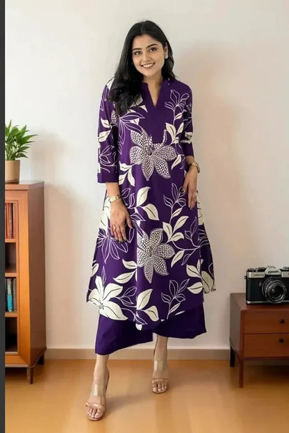 Purple Floral Printed Cotton Kurta and Pant Set