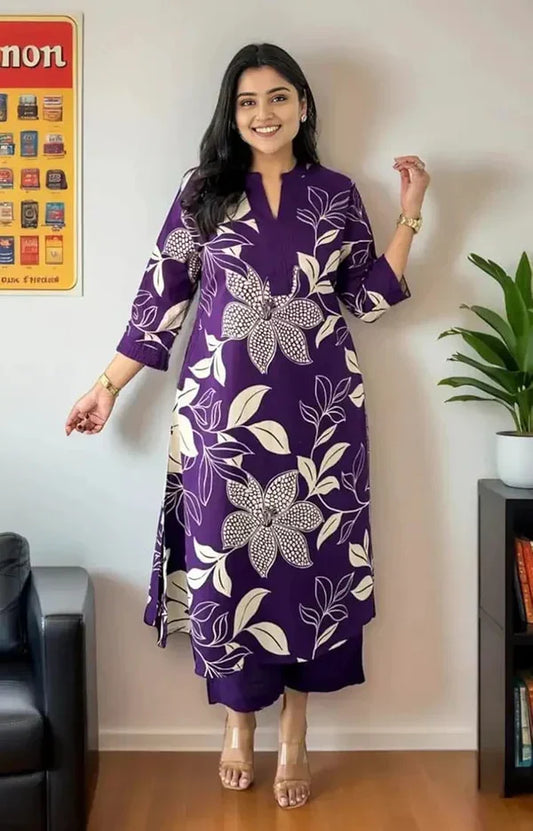 Purple Floral Printed Cotton Kurta and Pant Set