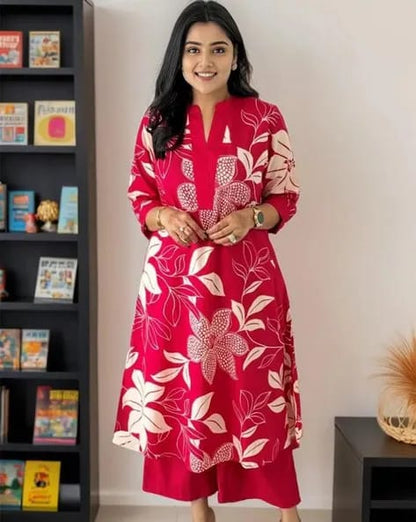 Red Floral Printed Cotton Kurta and Pant Set