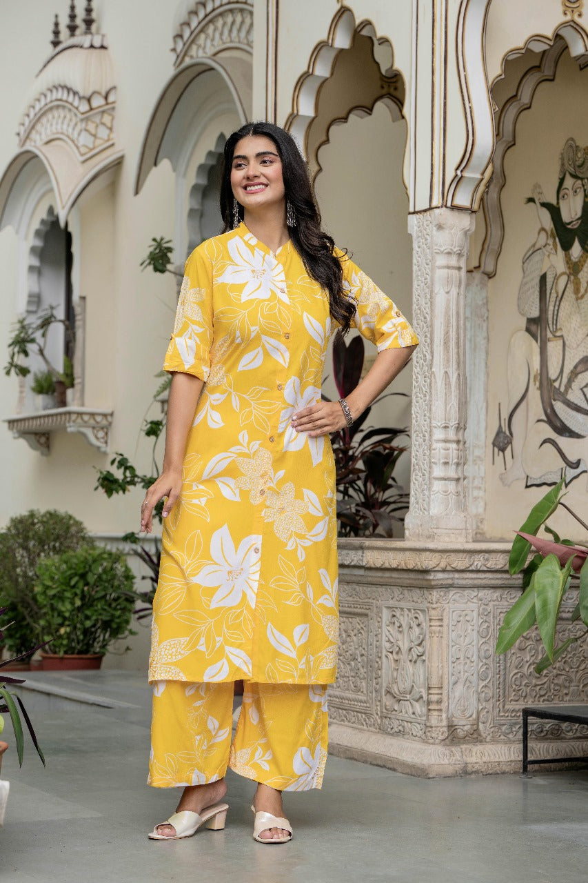 Yellow & White Floral Kurta Set