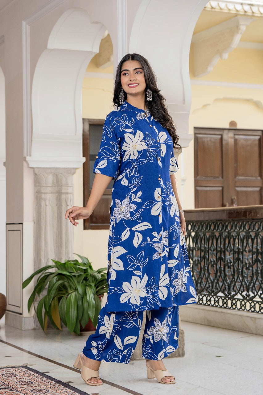Blue & White Floral Kurta Set