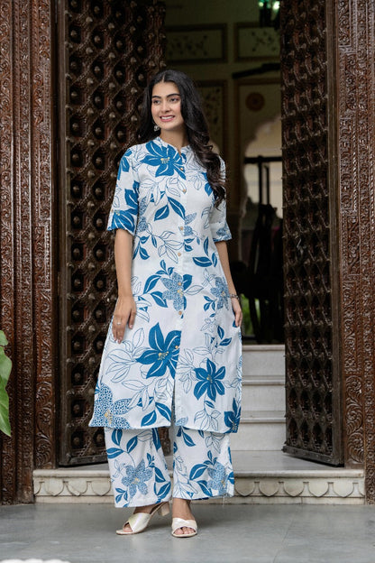White & Blue Floral Kurta Set