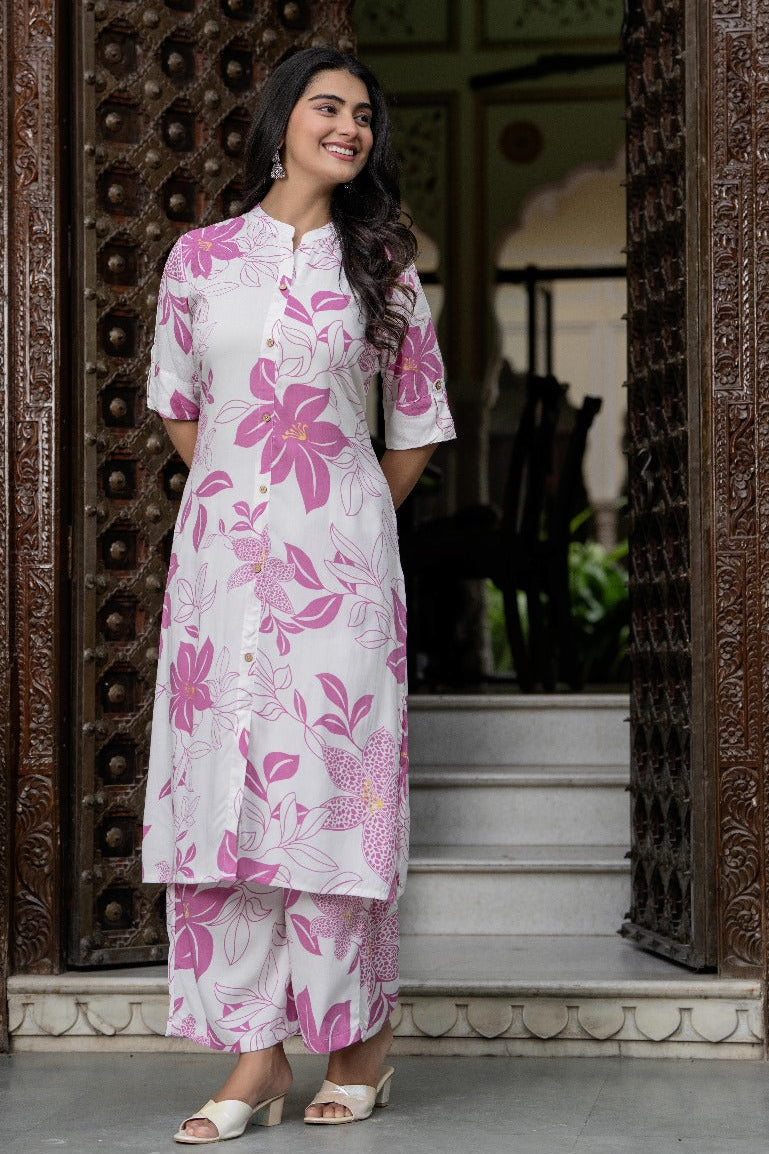 Pink & White Floral Kurta Set