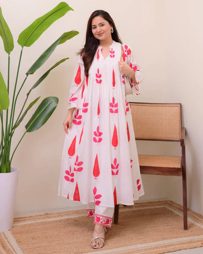 White Red Handblock Printed Premium Mul Cotton Kurta Set