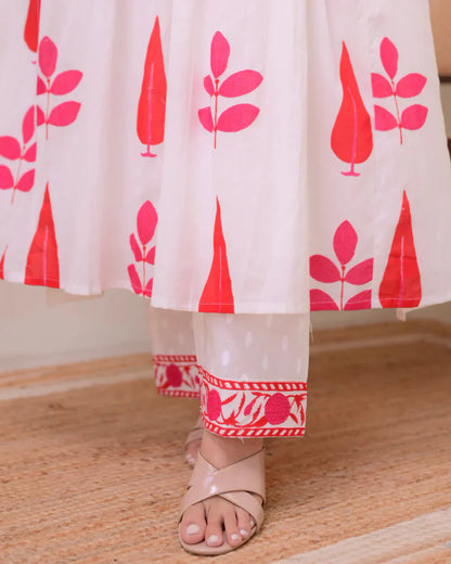 White Red Handblock Printed Premium Mul Cotton Kurta Set