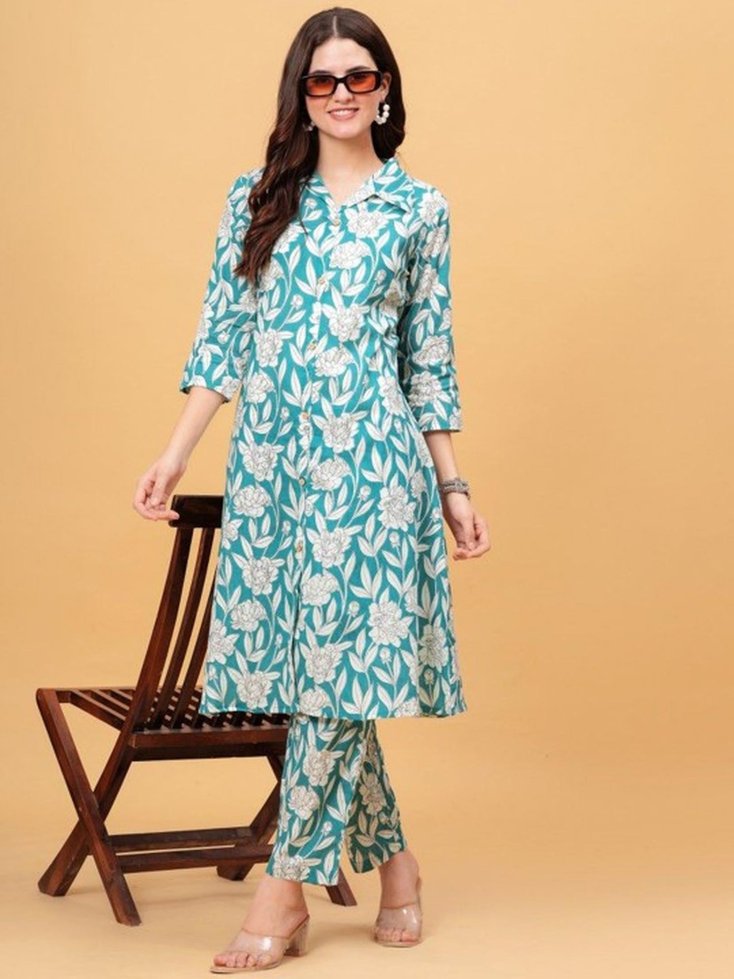 Green Floral Kurta Pant Set
