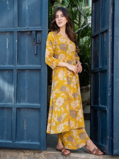 Floral Printed Pure Cotton A-Line Kurta with Palazzos