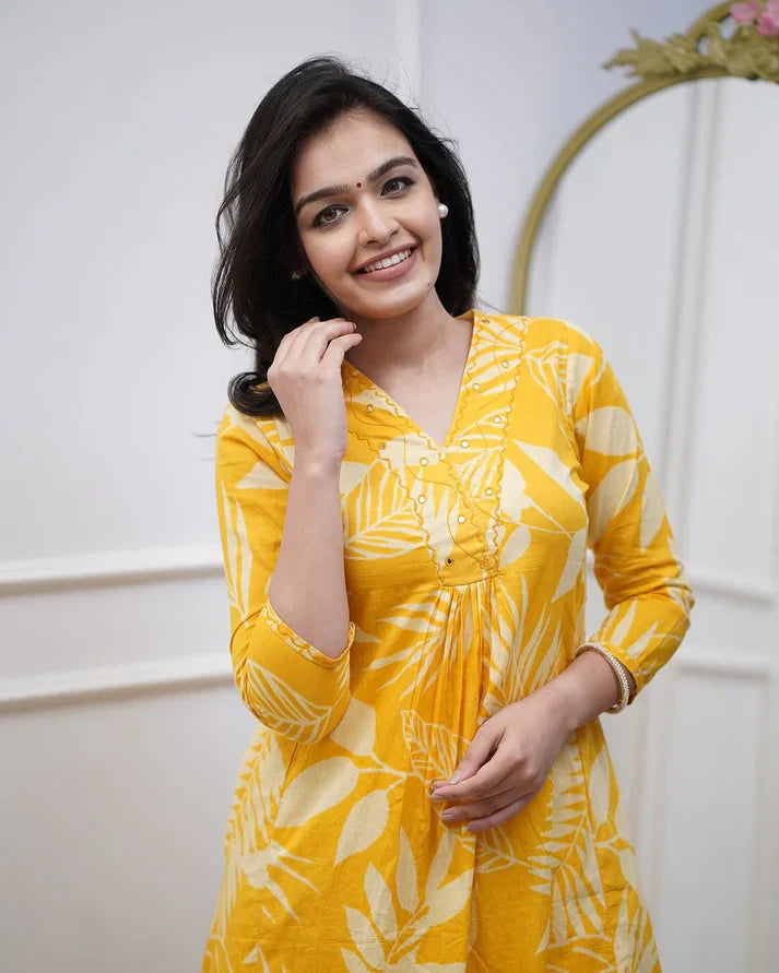 Leaf Printed Straight Cotton Kurta Pant Suit Set