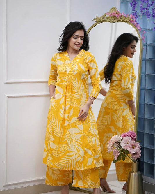 Leaf Printed Straight Cotton Kurta Pant Suit Set