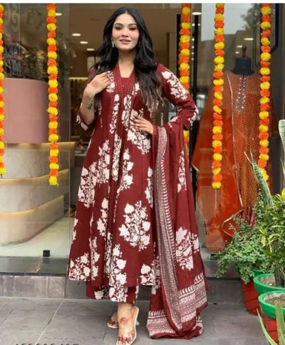 Maroon Floral Printed Anarkali Kurta Set with Dupatta