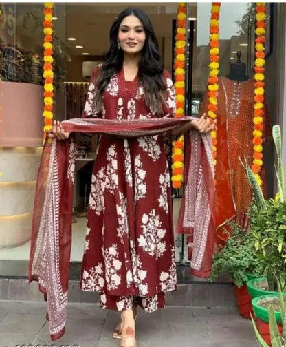 Maroon Floral Printed Anarkali Kurta Set with Dupatta