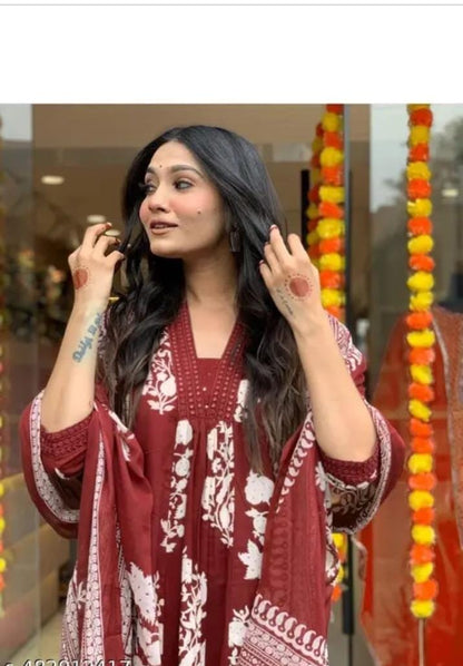 Maroon Floral Printed Anarkali Kurta Set with Dupatta