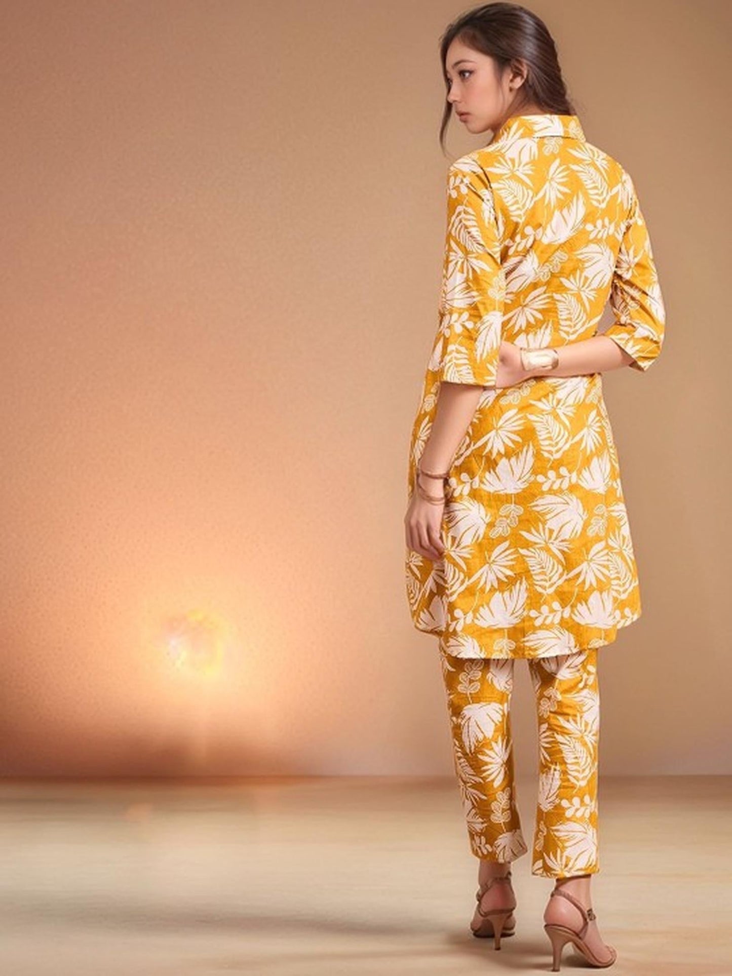Orange Floral Kurta Pant Set