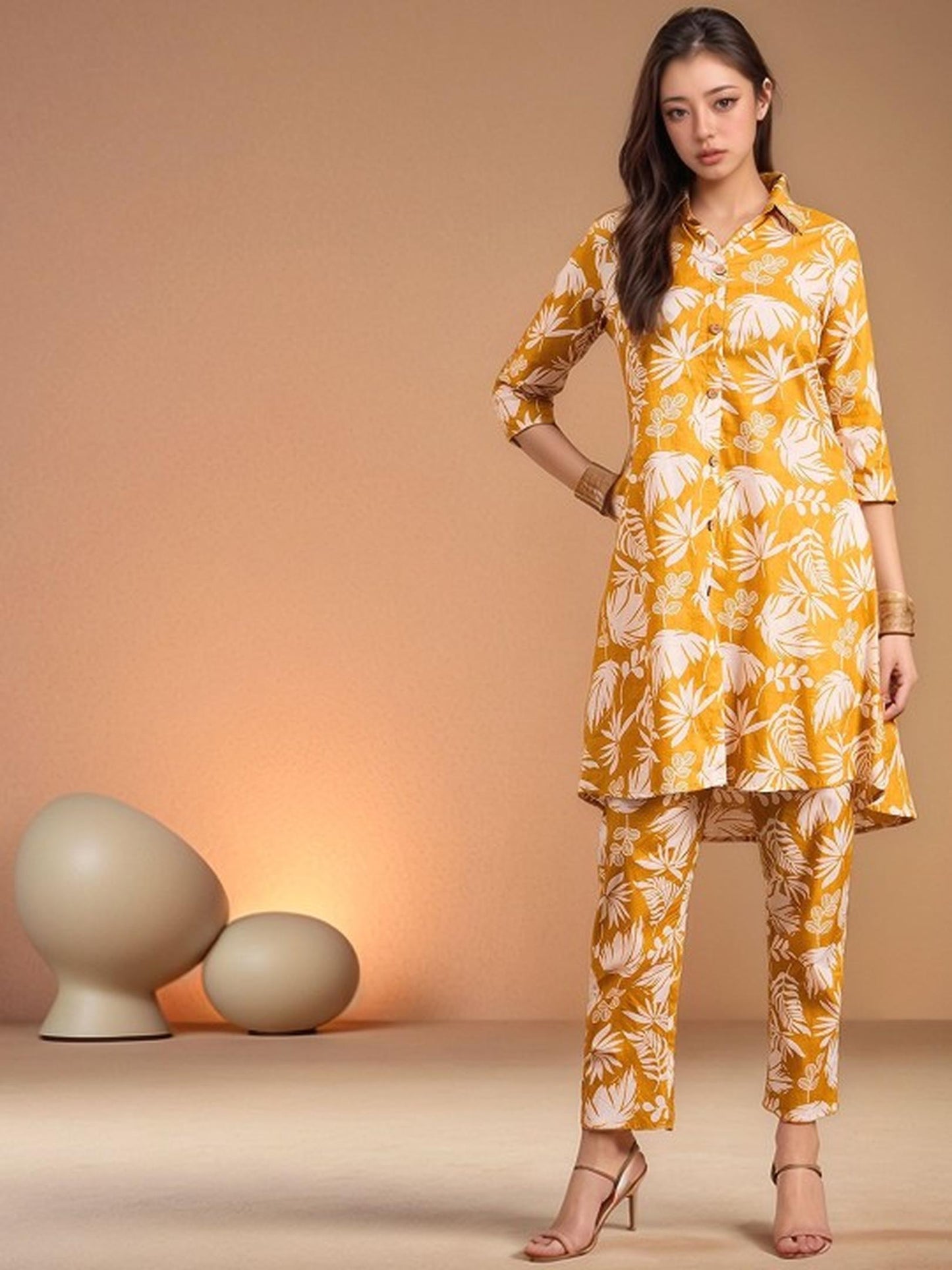 Orange Floral Kurta Pant Set