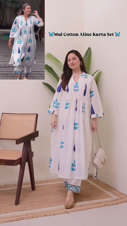 White Blue Handblock Printed Premium Mul Cotton Kurta Set