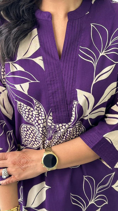 Purple Floral Printed Cotton Kurta and Pant Set