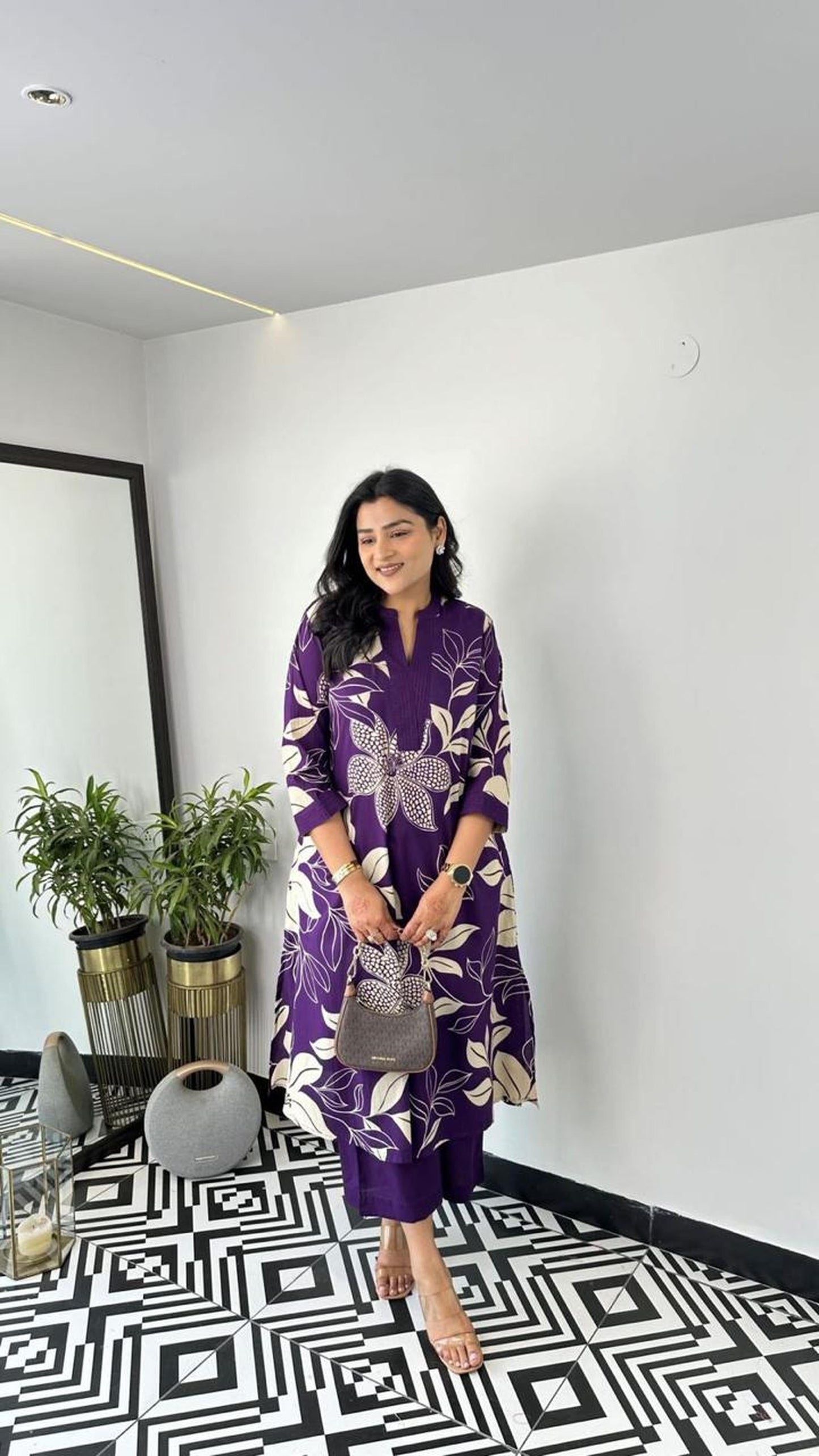 Purple Floral Printed Cotton Kurta and Pant Set