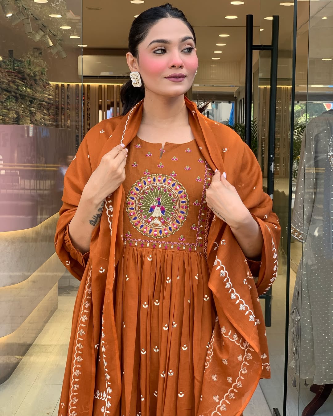 Rust Orange Embroidered Anarkali Kurta Set with Dupatta