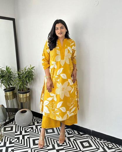 Yellow Floral Kurti Pant Set