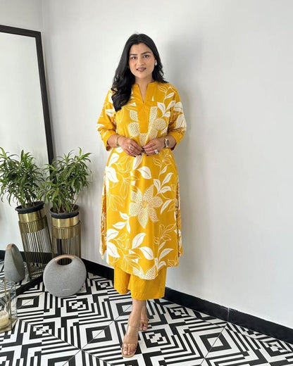 Yellow Floral Kurti Pant Set