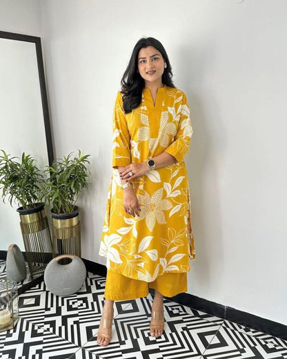Yellow Floral Kurti Pant Set
