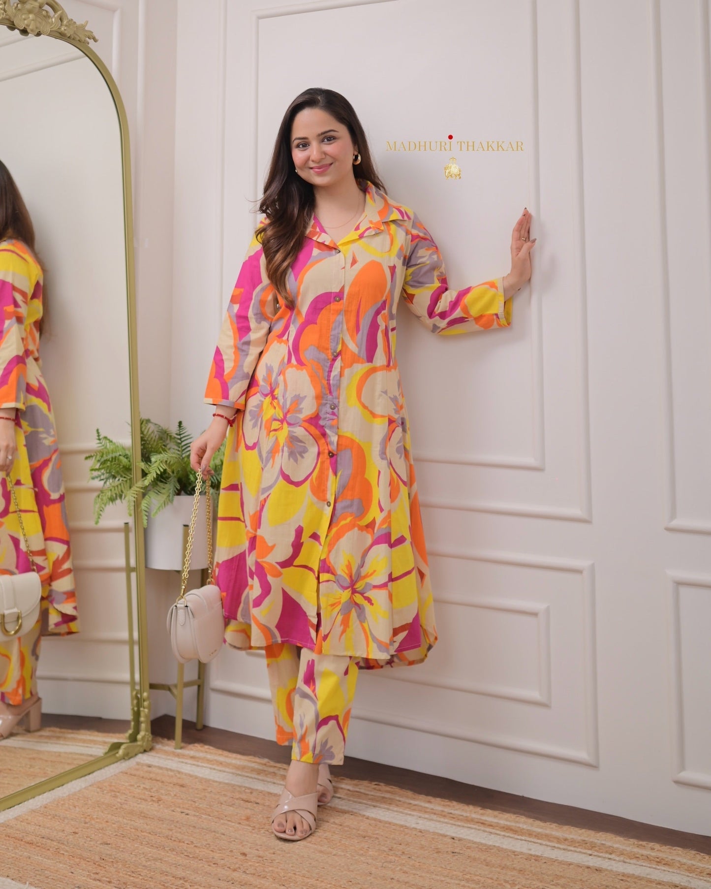 Ivory Orange Abstract kurti Set